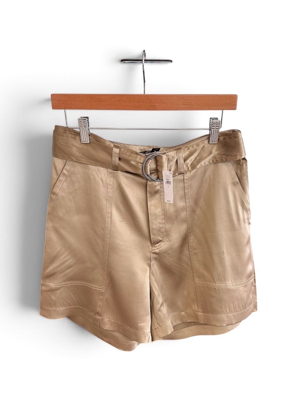 Banana Republic 100% Silk Belted Shorts Champagne Gold Beige Patch Pocket Sz8NWT